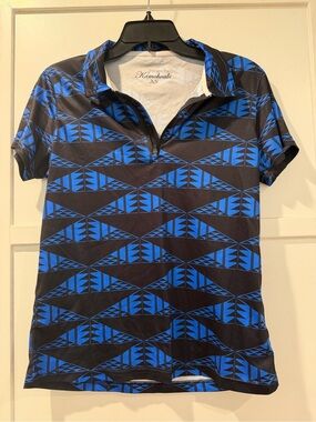 NWOT Dezigns by Kamohoalii Women's Black & Blue Tribal Print Polo Top XS